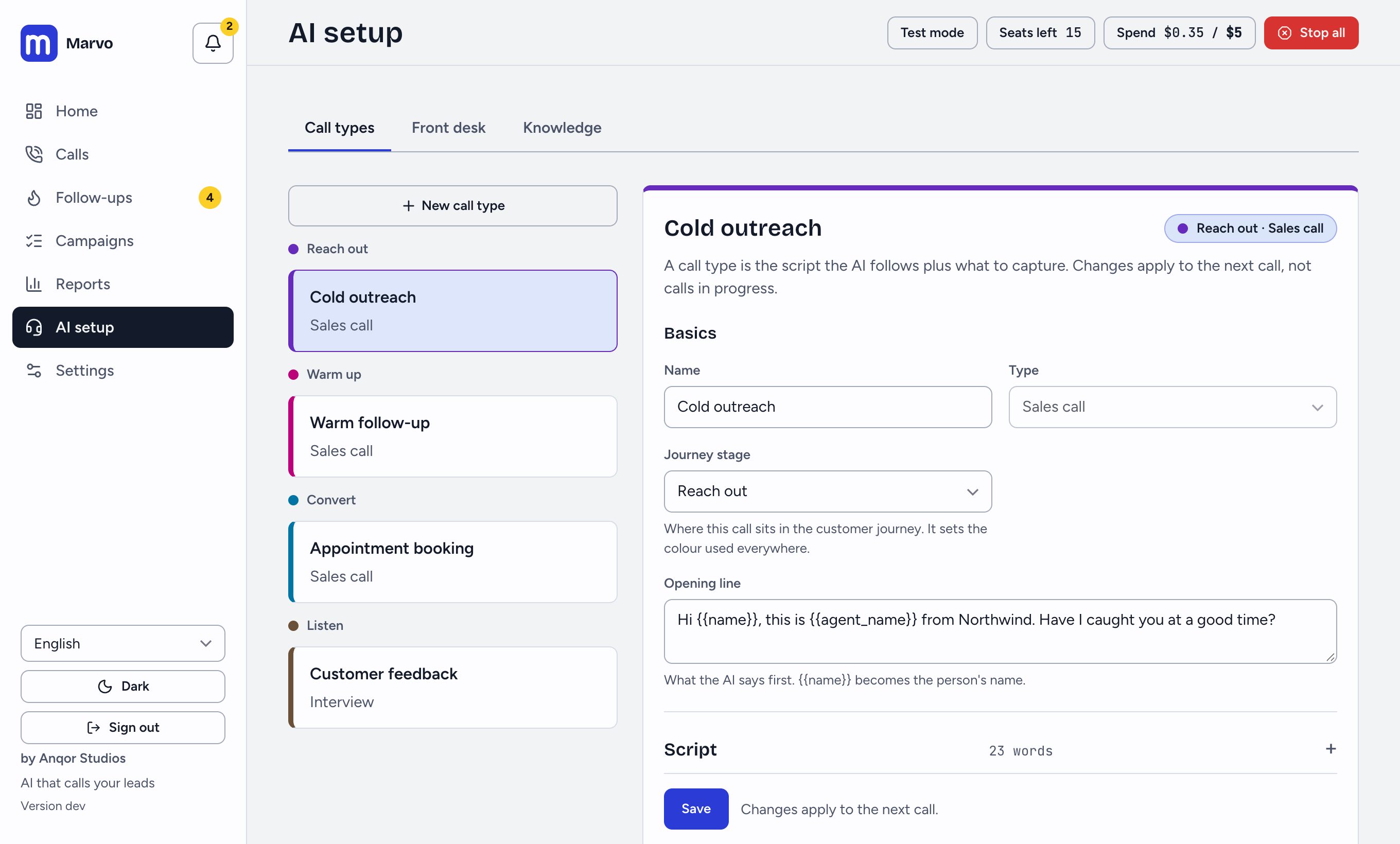 AI setup, Call types, grouped by stage