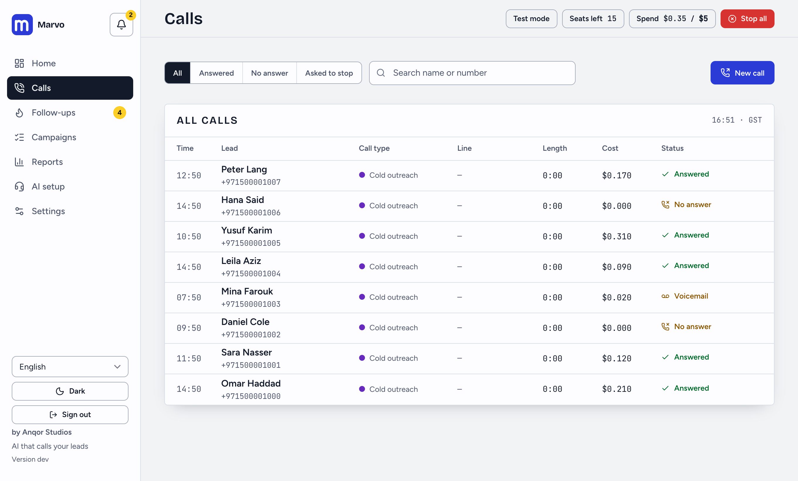 The Calls page with the filters and every call listed