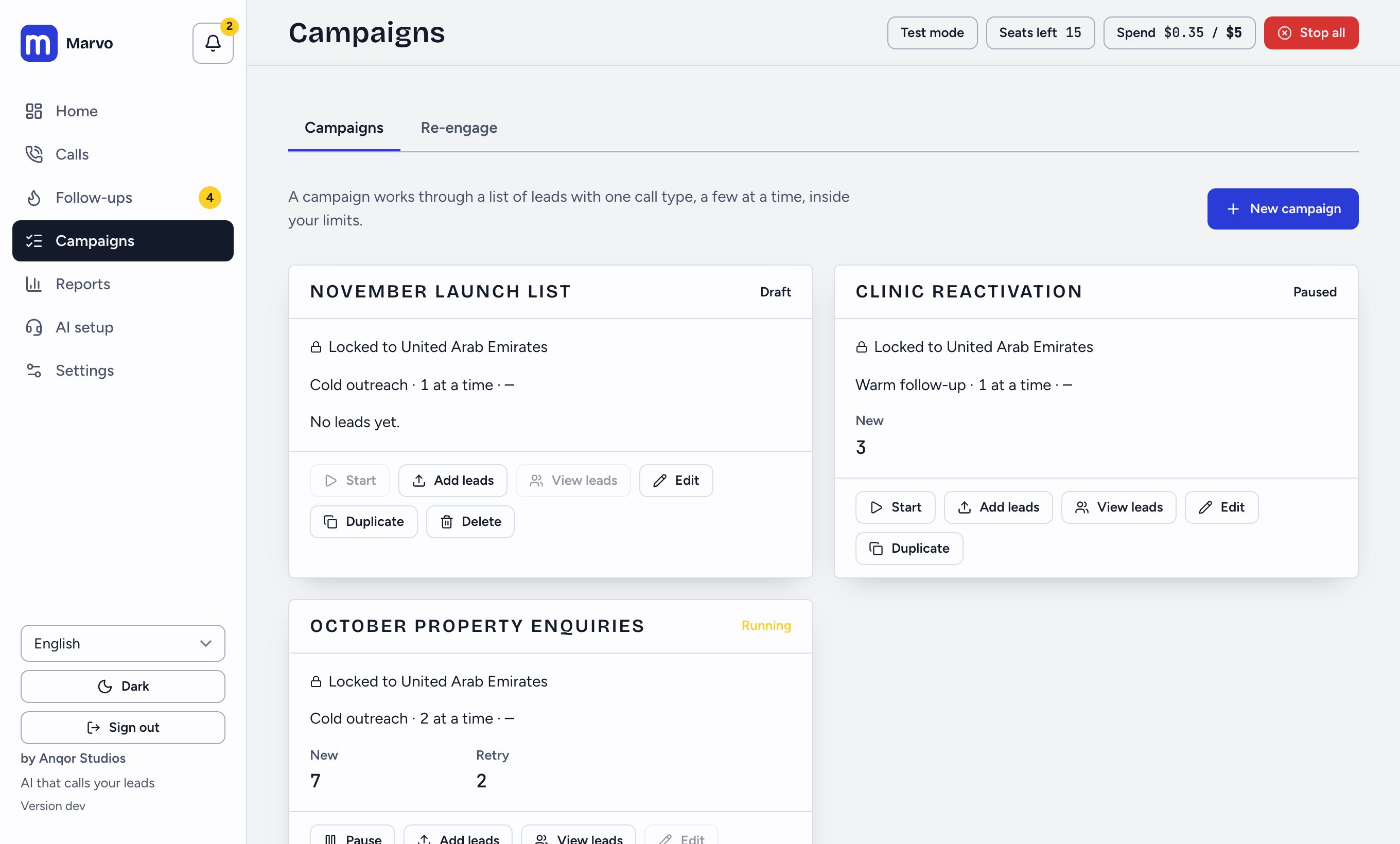 The Campaigns page with draft, paused and running campaigns