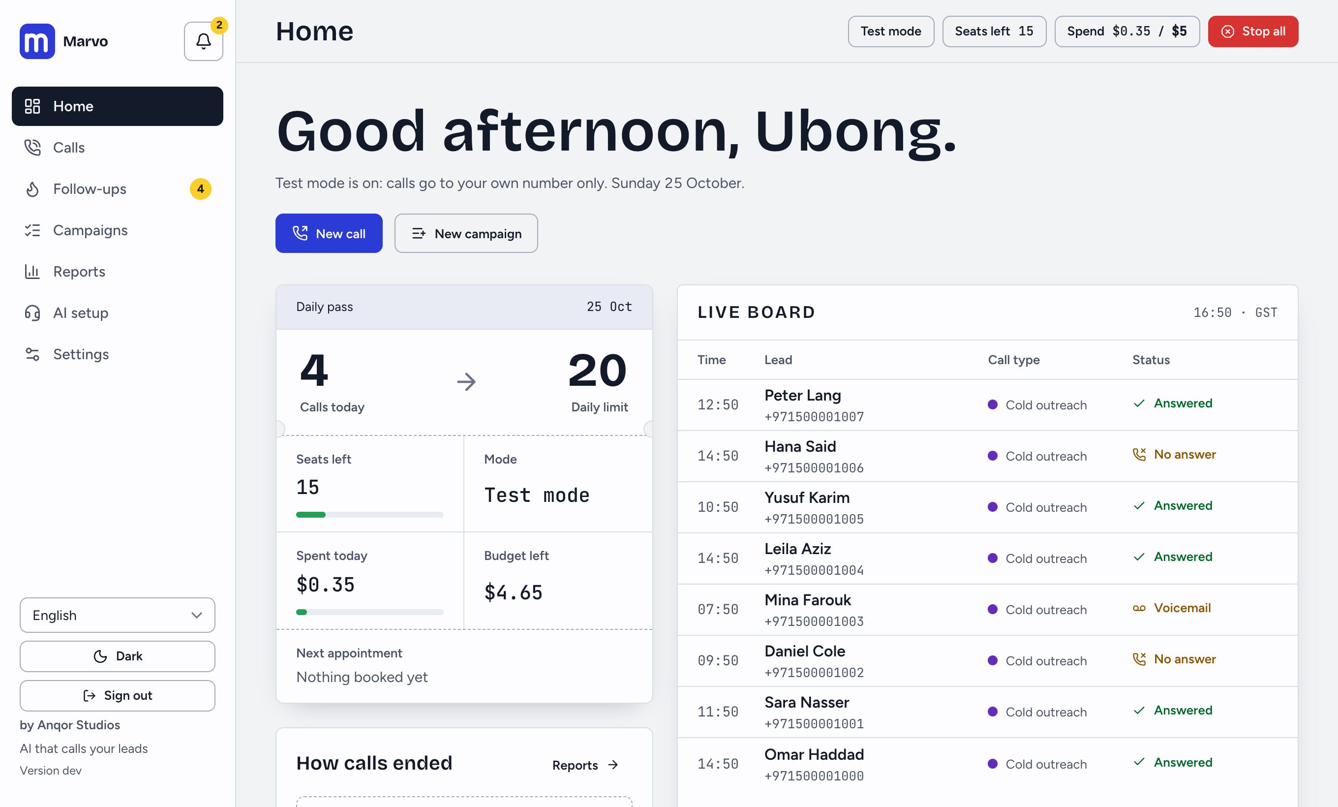 Marvo's Home page: today's calls, the live board and the Stop all button