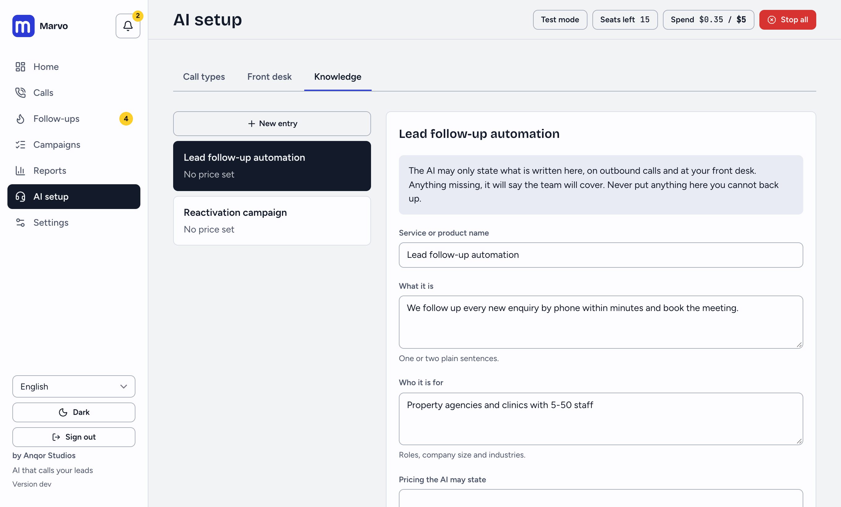 AI setup, Knowledge: one entry's fields