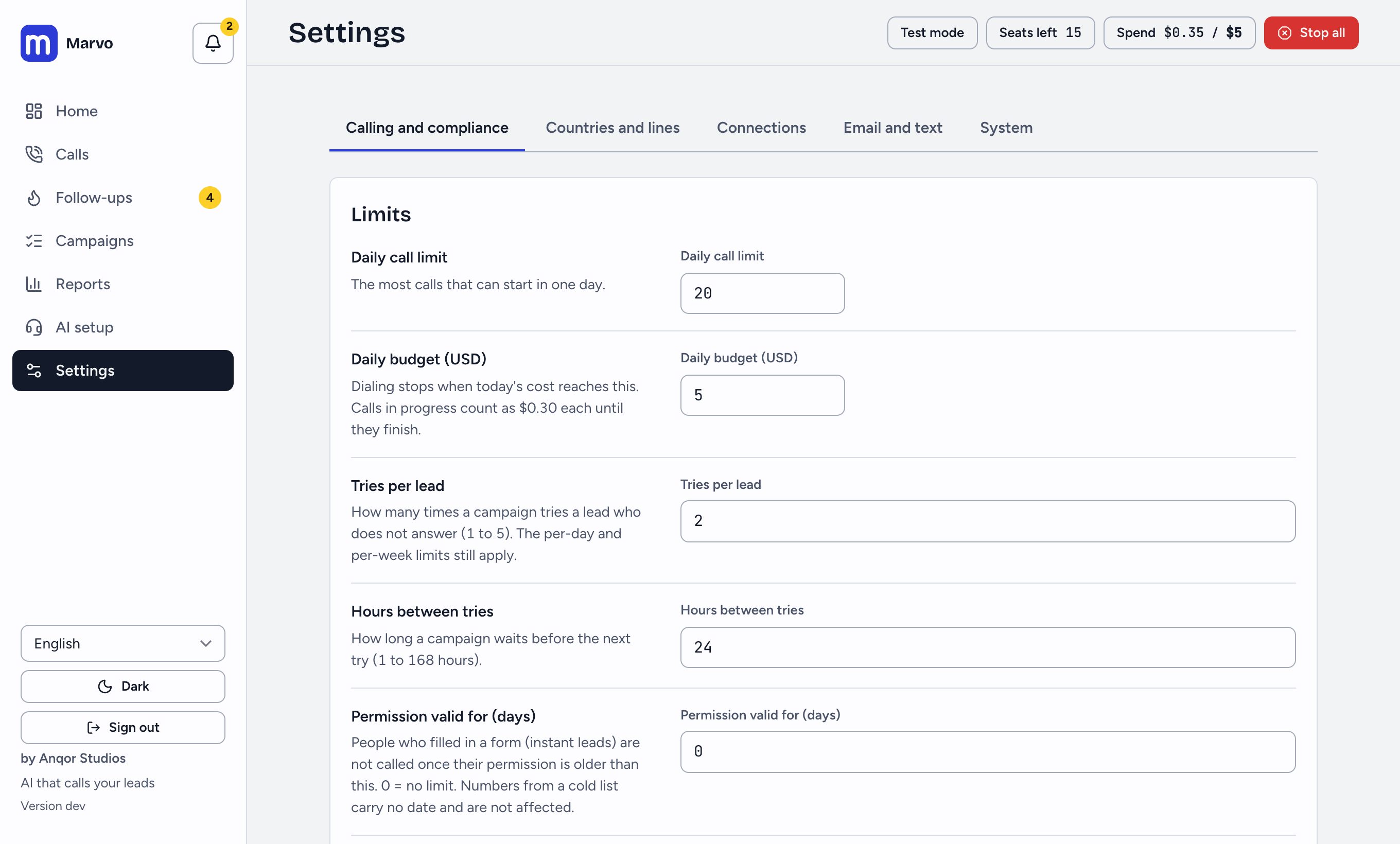 Settings, Calling and compliance: limits